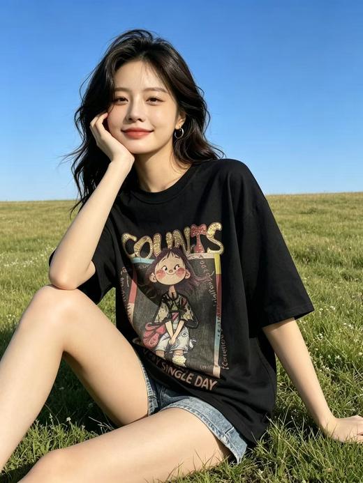 大版【自营】工艺/重工！亮片字母➕刺绣！潮牌复古宽松设计感中长短袖T恤-喜出 商品图1