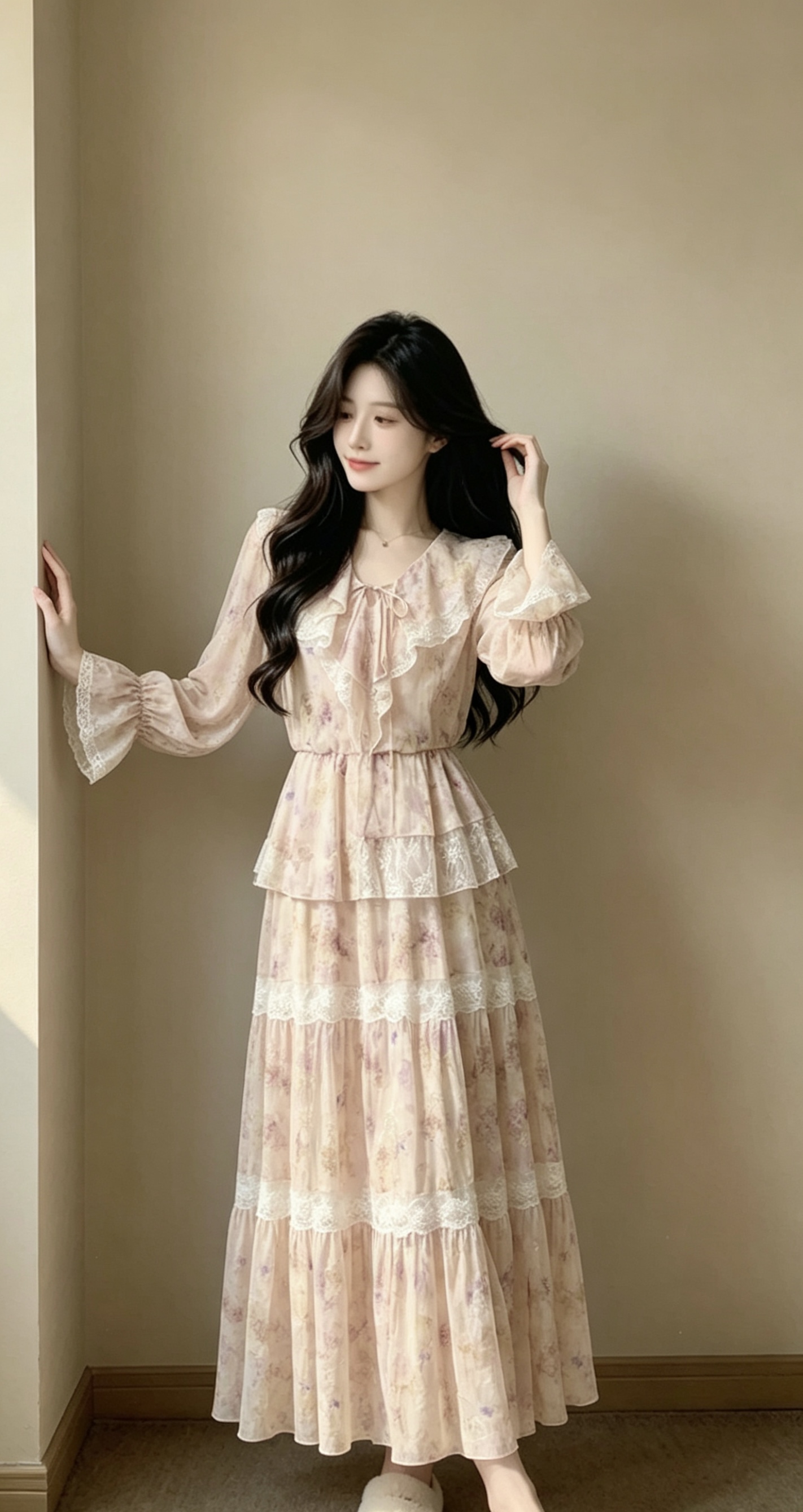 玛克门店发货：法式浪漫不规则荷叶边印花连衣裙货号：MF80DR011F1002