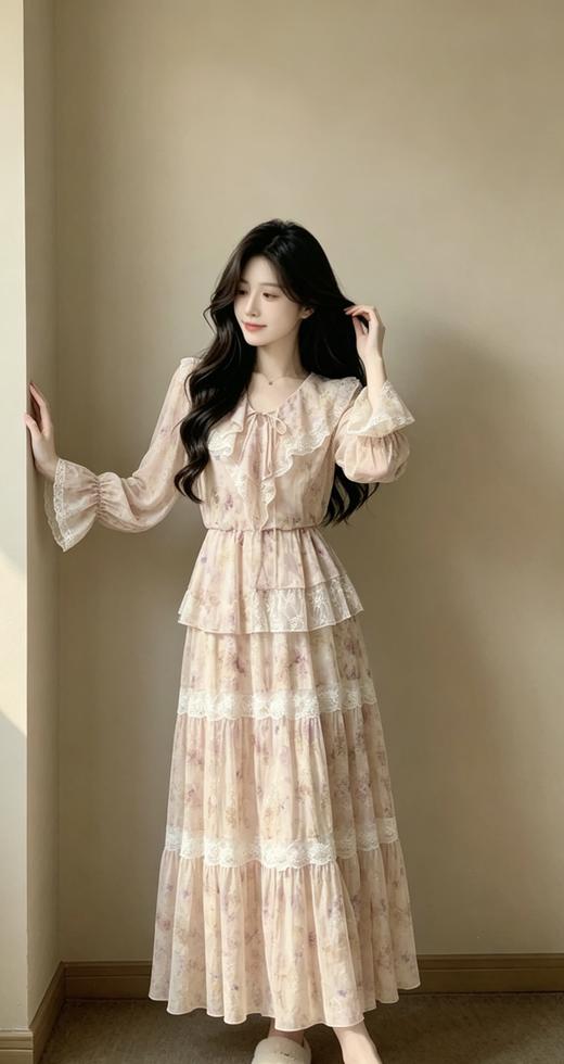 玛克门店发货：法式浪漫不规则荷叶边印花连衣裙货号：MF80DR011F1002 商品图0