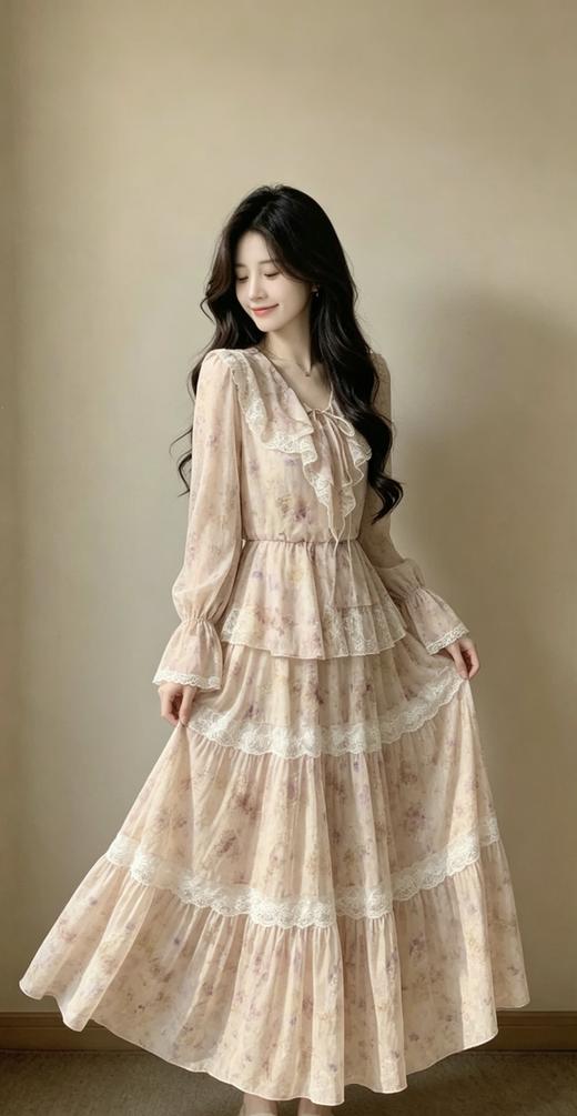 玛克门店发货：法式浪漫不规则荷叶边印花连衣裙货号：MF80DR011F1002 商品图3