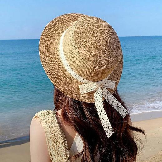 <有书甄选>蕾丝飘带平顶草帽女夏季防晒遮阳帽子海边度假防紫外草编织渔夫帽 商品图1