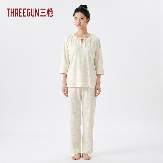 Threegun三枪 水柔棉圆领中袖长裤女家居套-T80151D01 商品图0