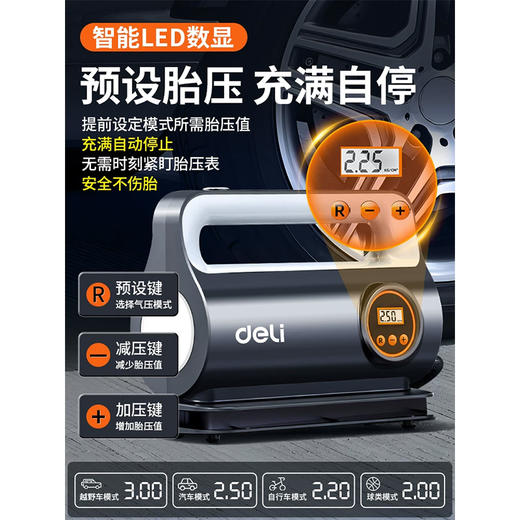得力 车载充气泵 汽车轮胎打气泵 数显快充 带测胎压 商品图2