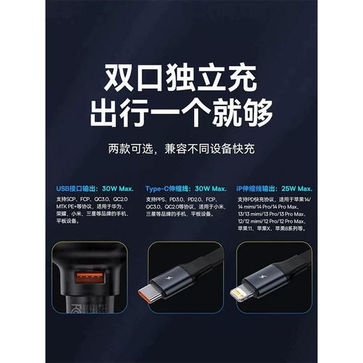 倍思 途享Pro车载充电器 C+iP伸缩线55W 双口独立充 兼容多协议快充 星曜黑 商品图1