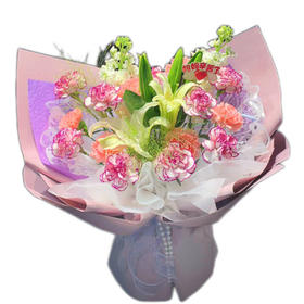 【母亲节】新鲜鲜花花束·粉韵馨语 康乃馨花束（15朵康乃馨+2朵百合+2枝紫罗兰+配草）可备注送货时间