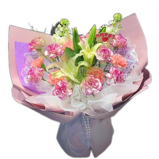 【母亲节】新鲜鲜花花束·粉韵馨语 康乃馨花束（15朵康乃馨+2朵百合+2枝紫罗兰+配草）可备注送货时间 商品图0
