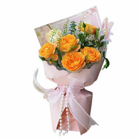 【母亲节】新鲜鲜花花束·暖橘晚风 （果汁阳台玫瑰5朵+白玫瑰1朵+配草）可备注送货时间