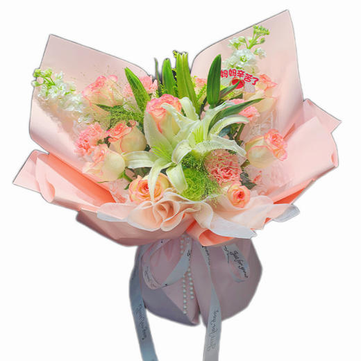 【母亲节】爱莎·百合绮梦（康乃馨4朵+艾莎玫瑰8朵+紫罗兰2枝+配花）可备注送货时间 商品图0