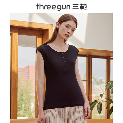 Threegun三枪 【舒肤棉】罗纹弹力半襟圆领女士打底背心-30804A911 商品图0