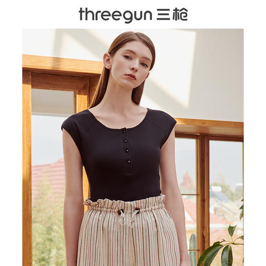 Threegun三枪 【舒肤棉】罗纹弹力半襟圆领女士打底背心-30804A911 商品图1