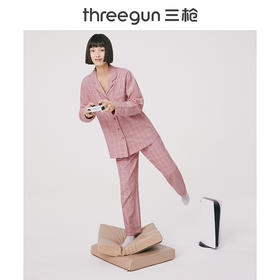 Threegun三枪 【花灰彩格绒布】翻领开襟长袖长裤女士家居套家居服-82020D011