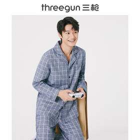 Threegun三枪 花灰彩格绒布翻领开襟男家居套-81985D011