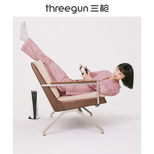 Threegun三枪 【花灰彩格绒布】翻领开襟长袖长裤女士家居套家居服-82020D011 商品图1