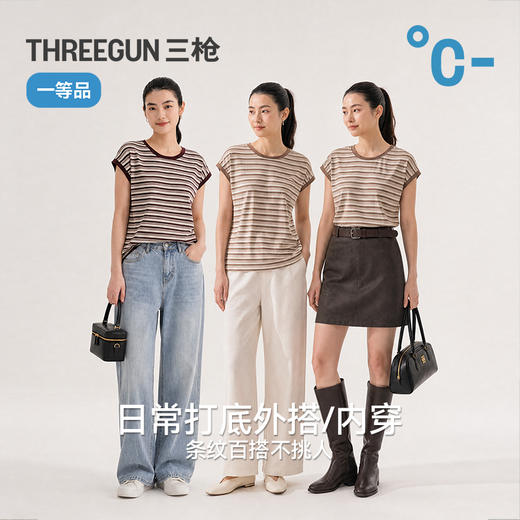 Threegun三枪 彩条莱赛尔棉粗罗纹亦袖女衫-T20183A01 商品图13