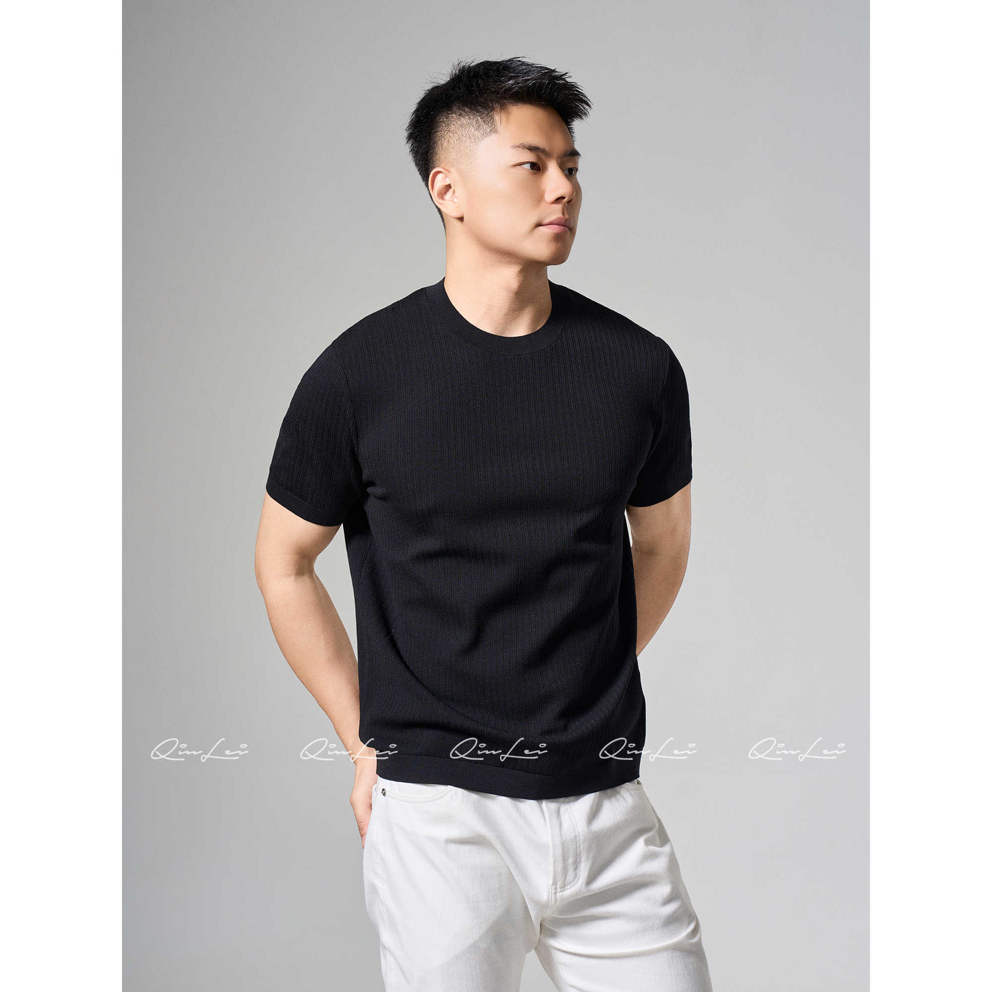 男装「细密竖条」蚕丝棉定纺透气肌理T恤LL-ZSY1504 D5商品图3