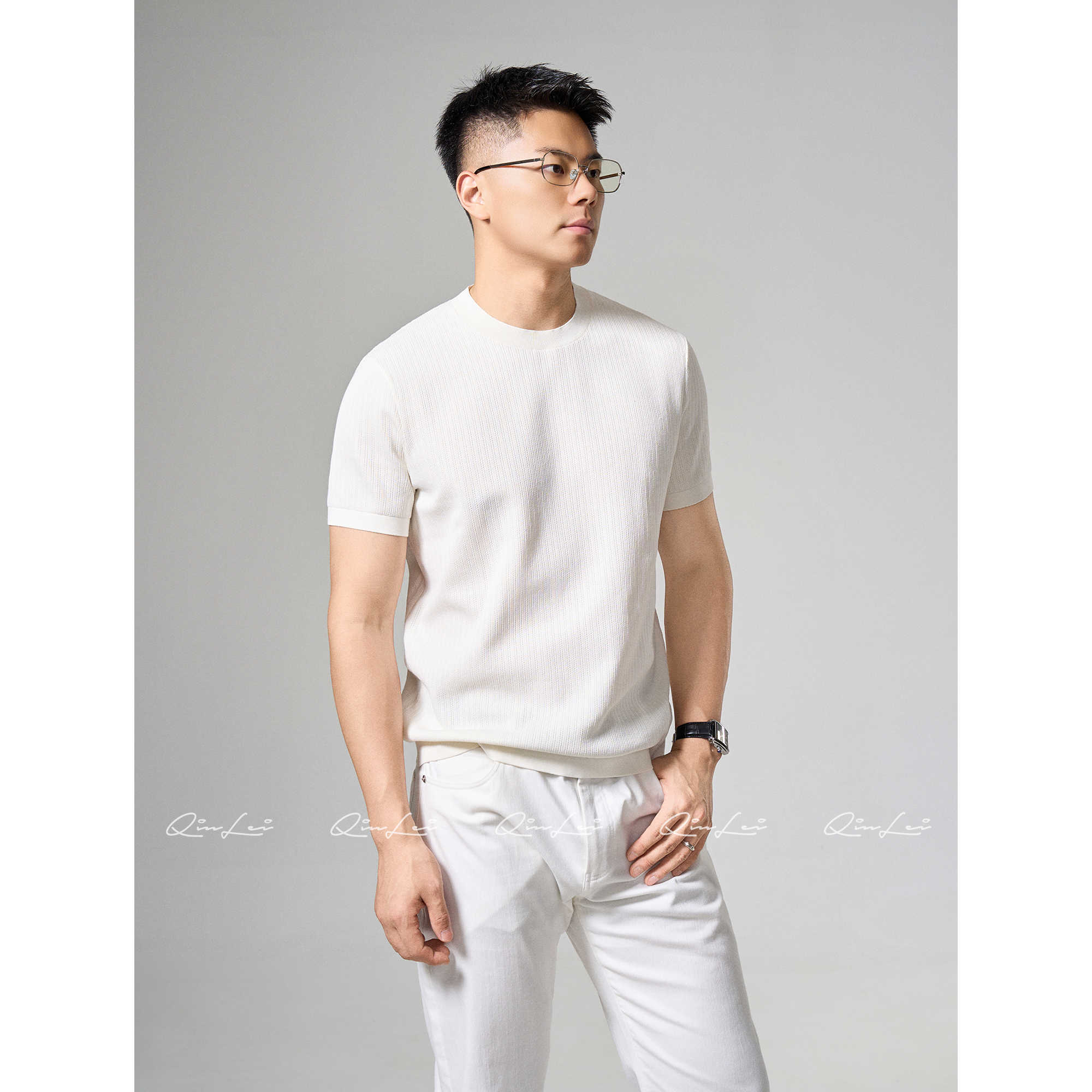 男装「细密竖条」蚕丝棉定纺透气肌理T恤LL-ZSY1504 D5商品图2