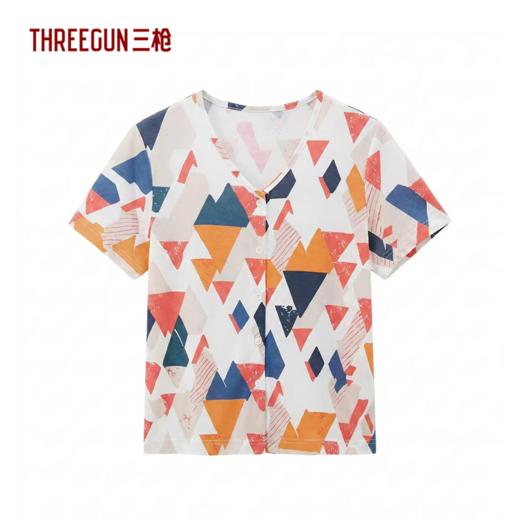 Threegun三枪 水柔棉印花V领开襟短袖女衫-T80032A01 商品图5
