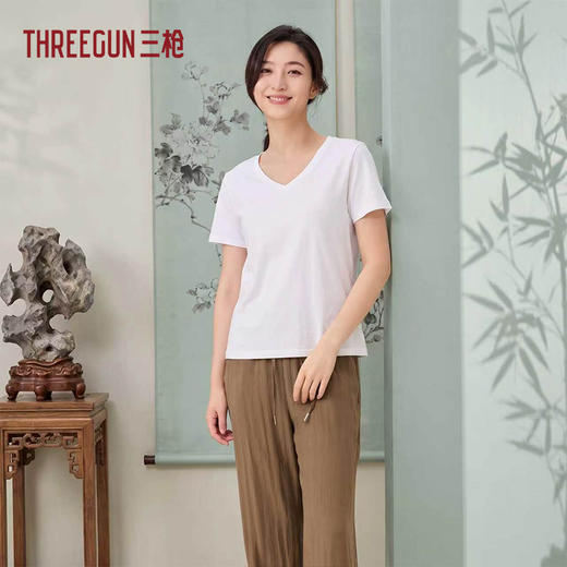 Threegun三枪 臻丝棉V领短袖女衫-T20192A02 商品图0