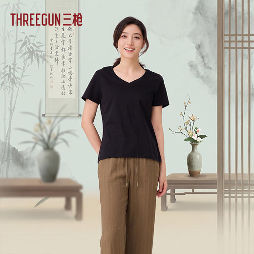 Threegun三枪 臻丝棉V领短袖女衫-T20192A02 商品图1