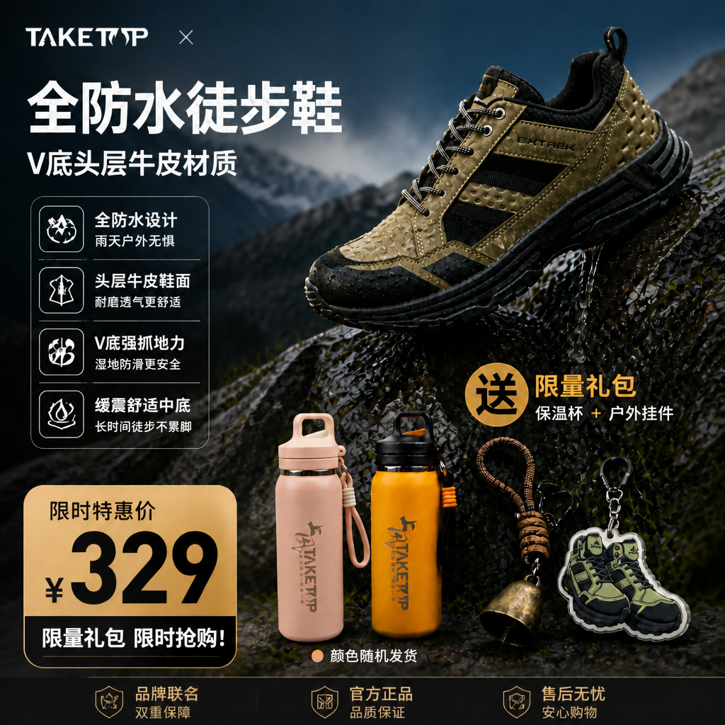 天越/Extrek&Taketop联名定制款VIBRAM头层皮防水防滑徒步登山鞋低帮
