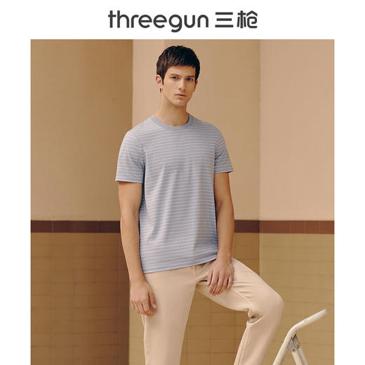 Threegun三枪 【水柔弹力棉】横条圆领男士短袖T恤-23683A011 商品图0