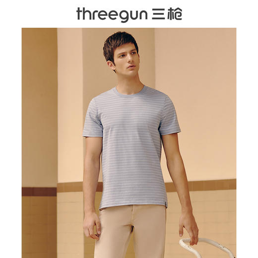 Threegun三枪 【水柔弹力棉】横条圆领男士短袖T恤-23683A011 商品图3