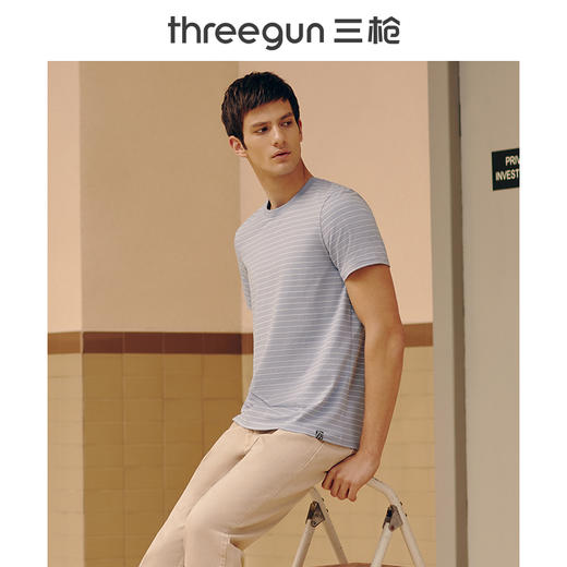 Threegun三枪 【水柔弹力棉】横条圆领男士短袖T恤-23683A011 商品图5