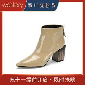 westory2018年秋季新款短靴皮面尖头短筒靴子女W284S80902